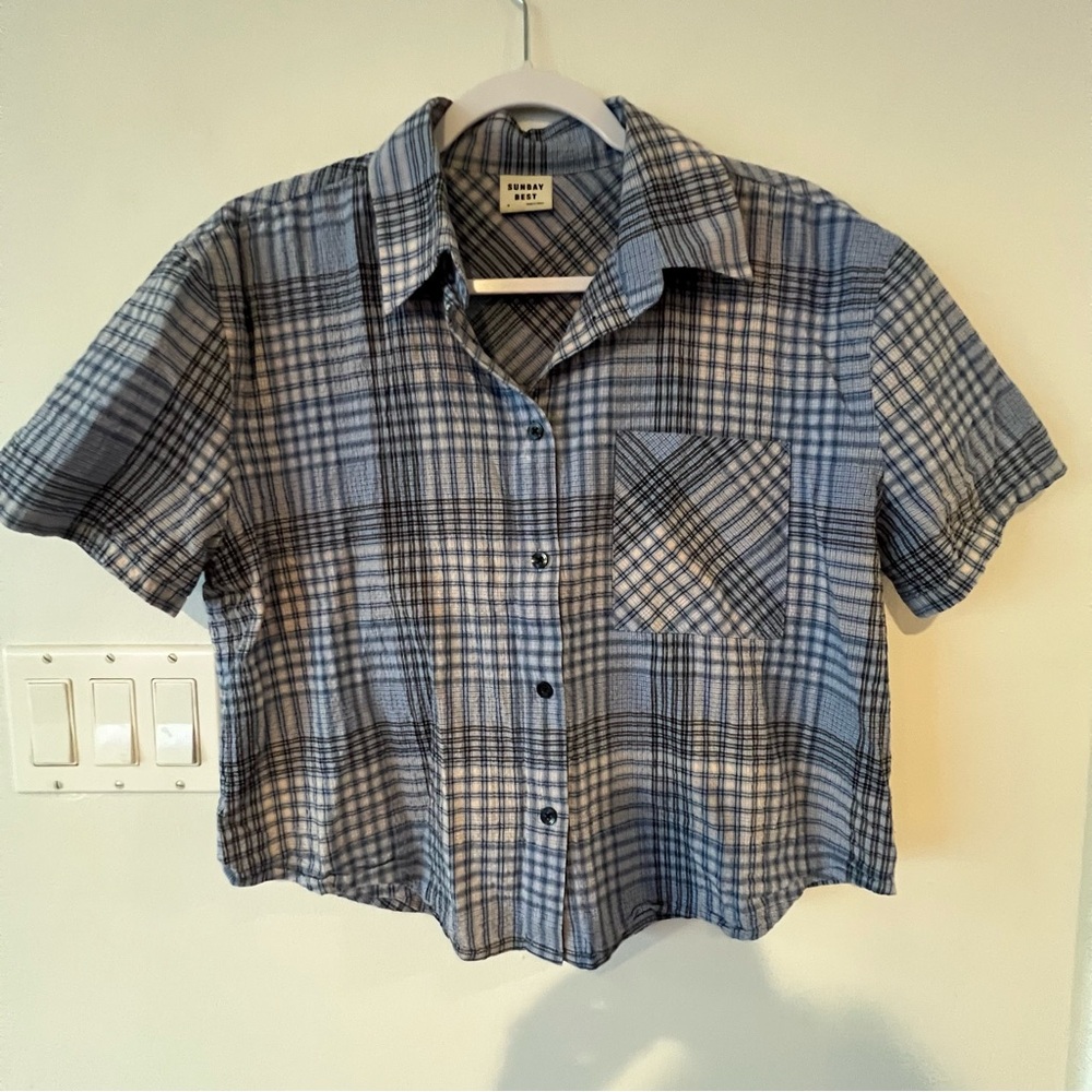 Sunday Best Aritzia Blue Plaid Button Down Shirt Crop Top Women’s Medium M